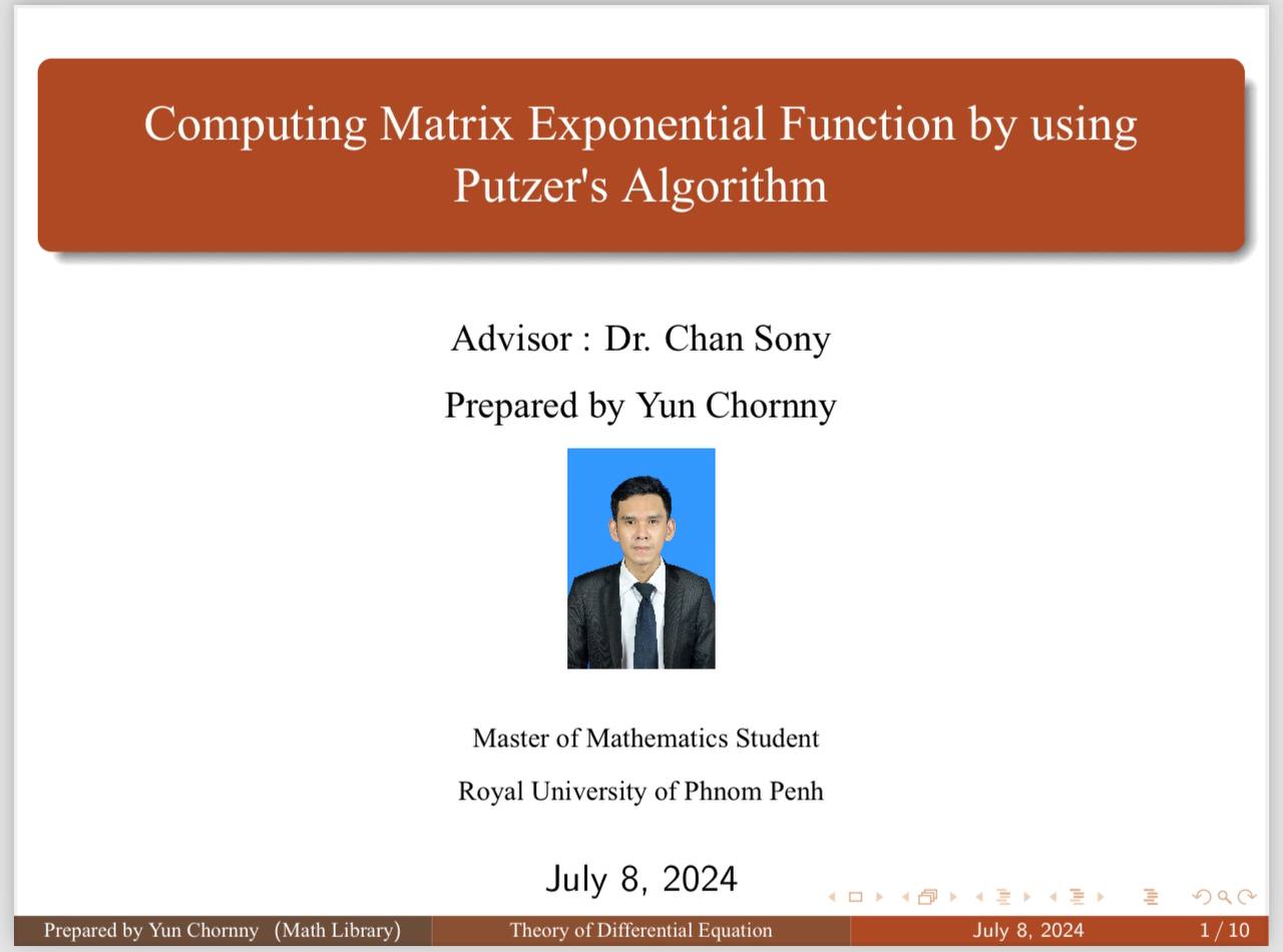 Putzer's Method Example វិធីសាស្រ្តគណនាម៉៉ាទ្រីនៃអនុគមន៍អ៊ិចស្ប៉ូ ដោយប្រើ អាល់កូរីត Putzer ...